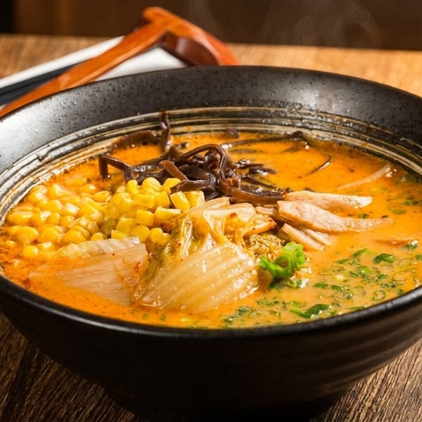 Steaming bowl of ramen with corn, kimchi, wood ear mushrooms, and green onions on a wooden table.