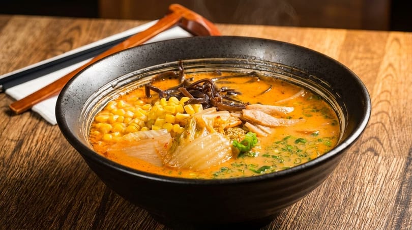 Steaming bowl of ramen with corn, kimchi, wood ear mushrooms, and green onions on a wooden table.