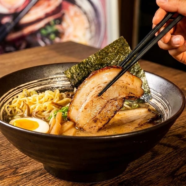 A hand uses chopsticks to pick up a slice of pork from a bowl of ramen with noodles and egg.