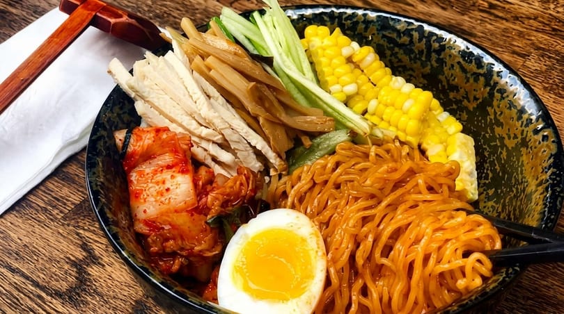Spicy ramen bowl with noodles, kimchi, corn, egg, and vegetables on a wooden table.