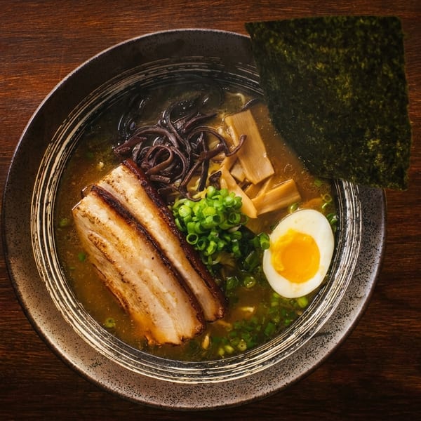 Overhead view of a ramen bowl with pork belly, egg, seaweed, and green onions.