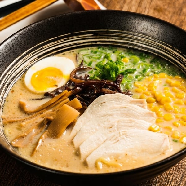 A black bowl of ramen with chicken, corn, green onions, bamboo shoots, and a soft-boiled egg.