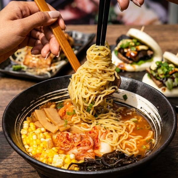 Hands using chopsticks to lift noodles from a bowl of ramen with corn, kimchi, and bamboo shoots.