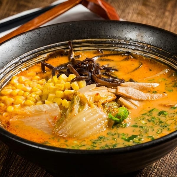 Spicy ramen bowl with corn, kimchi, mushrooms, and green onions on a wooden table.