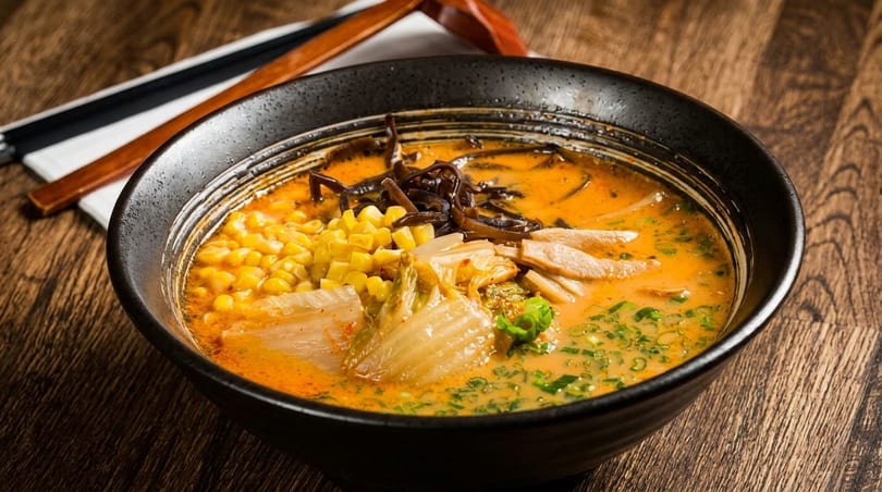 Spicy ramen bowl with corn, kimchi, mushrooms, and green onions on a wooden table.