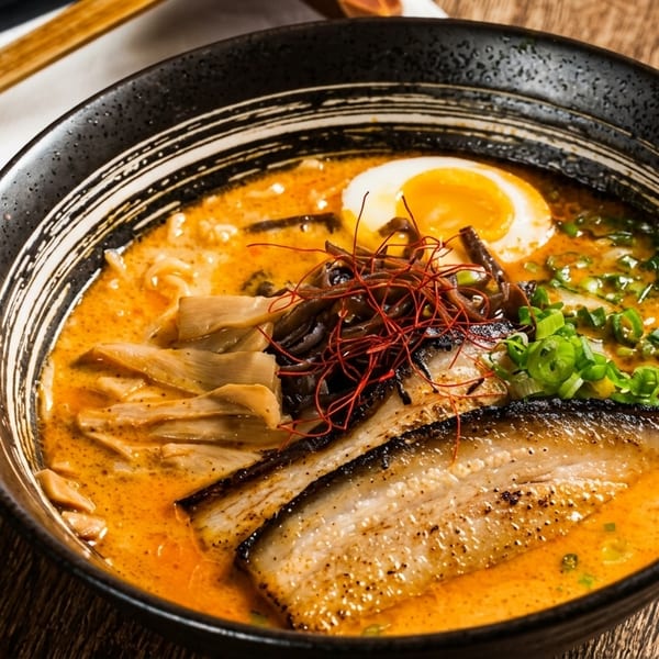 A bowl of spicy ramen with pork belly, a soft-boiled egg, bamboo shoots, and green onions.