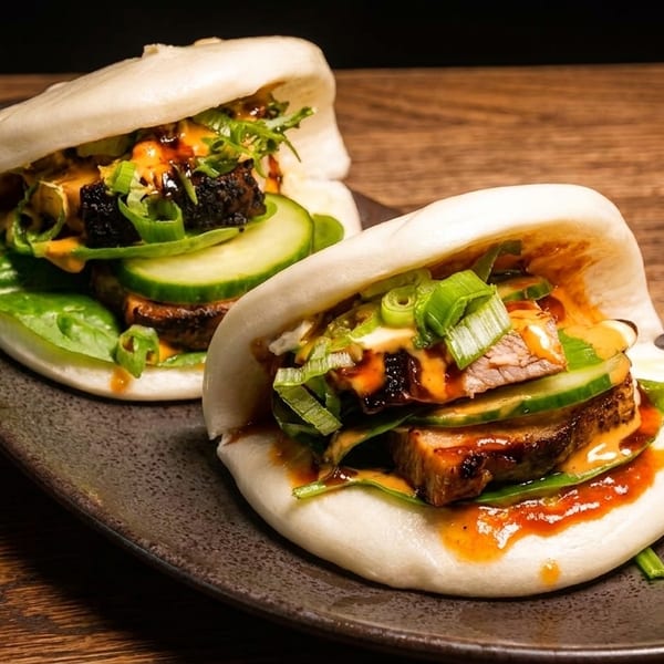 Two bao buns filled with pork belly, cucumber, greens, and sauces on a dark plate.